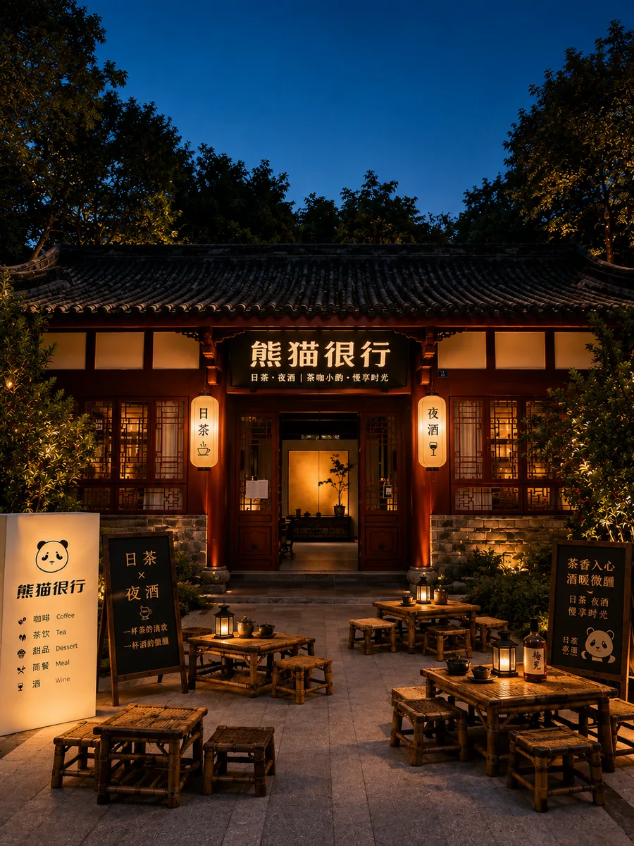 熊猫很行茶馆夜景效果图,暖灯下的门头与竹椅茶座
